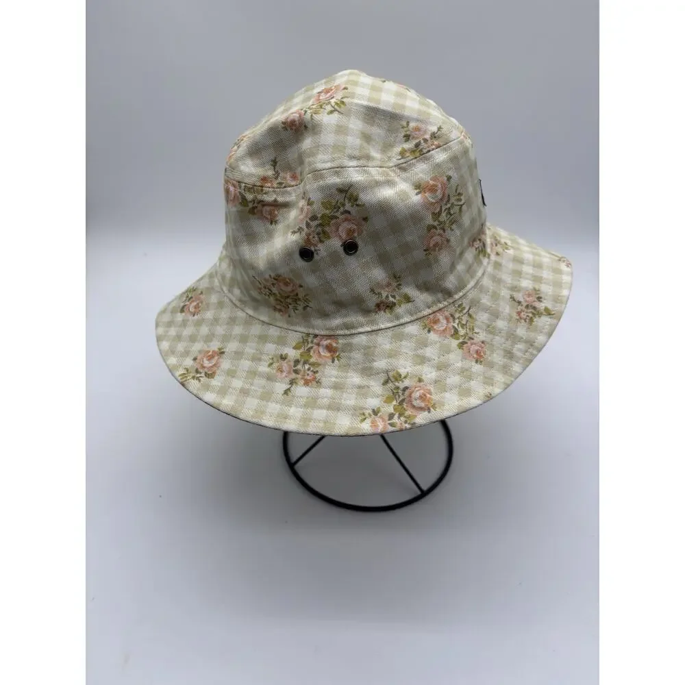 RVCA Women's Reversible Location Bucket Hat Gingham Floral Cream Pink S/M EUC